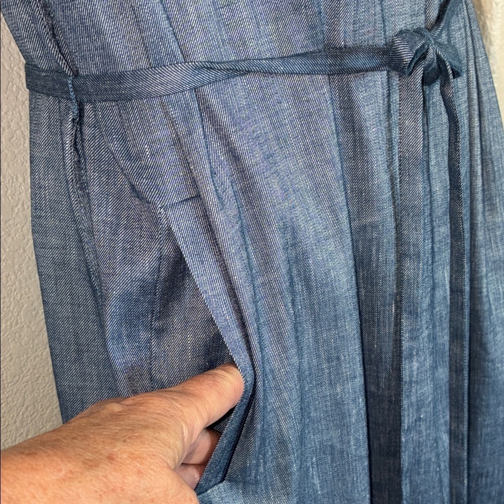 BEAUTIFUL Lustrous Blue Linen Dress, Sleeveless Pockets, Belt, Side Slits L EUC - Picture 11 of 16